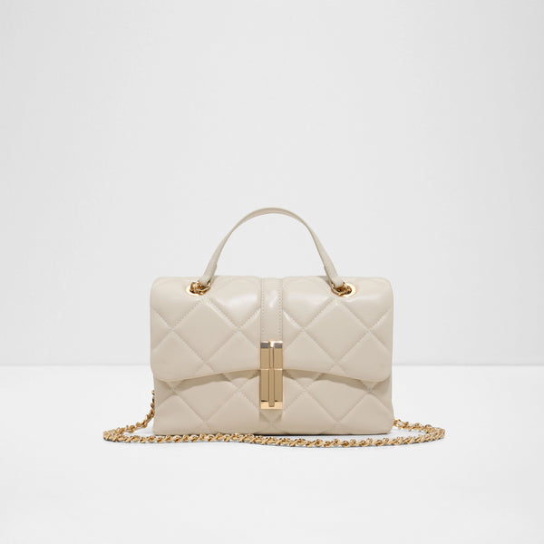ALDO PH Alicie beige quilted top handle bag featuring a smooth finish, large diamond stitching, a geometric gold-tone clasp, and an interwoven gold chain strap.