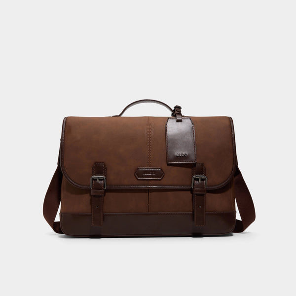 Brown leather satchel bag on a white background