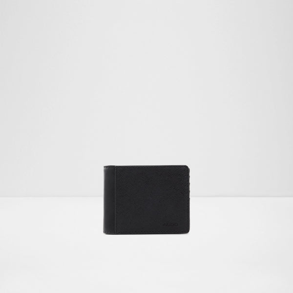 ALDO Banmoor men's black bifold wallet featuring a dual-texture design with a textured body, a smooth edge trim, clean perimeter stitching, and a subtle debossed logo on the bottom right corner, displayed against a light grey background.