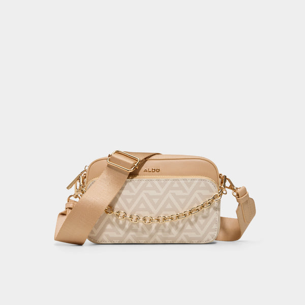 Beige handbag with gold chain detail on a light gray background