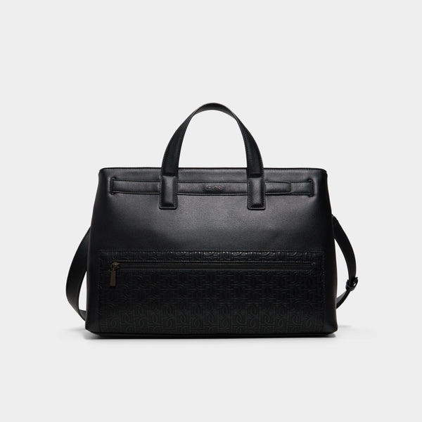 Black leather briefcase on a light gray background