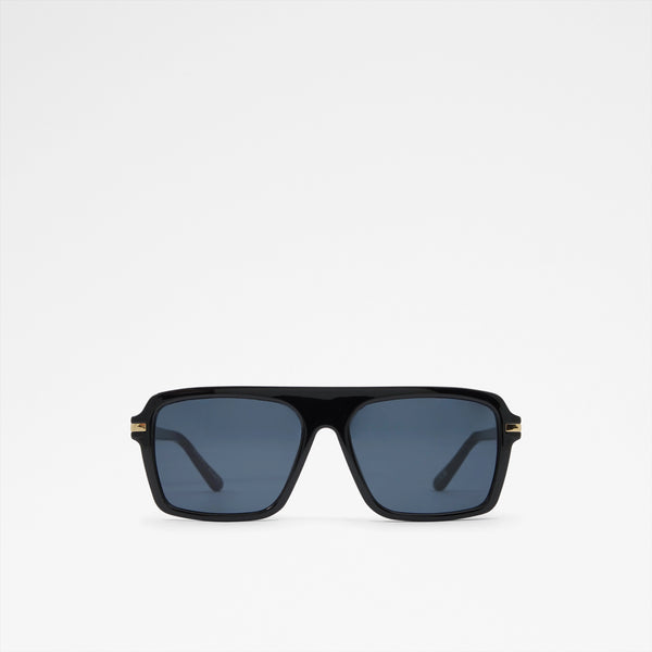 Aldo Harpeerr-B men's black multi aviator navigator sunglasses featuring a glossy flat-top acetate frame, gold-tone metal temple accents, and blue-tinted lenses.