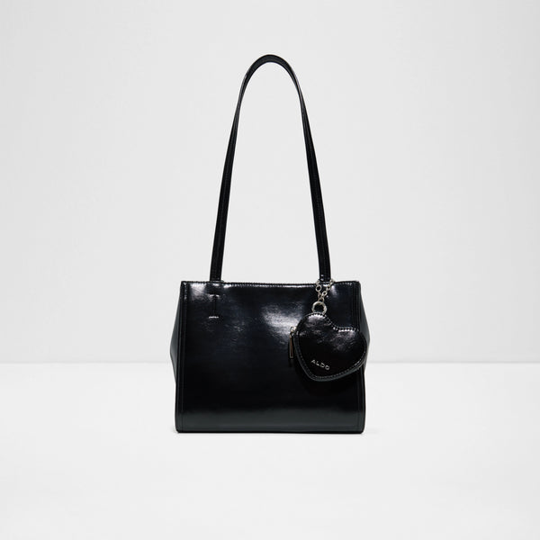 Aldo Harpur women's black glossy patent faux leather shoulder bag featuring long double straps, a structured tote silhouette, and a removable heart-shaped zip pouch charm with gold-tone hardware.