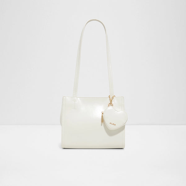 Aldo Harpur women's off-white faux leather shoulder bag featuring long double straps, a structured tote silhouette, and a removable heart-shaped zip pouch charm with gold-tone hardware.