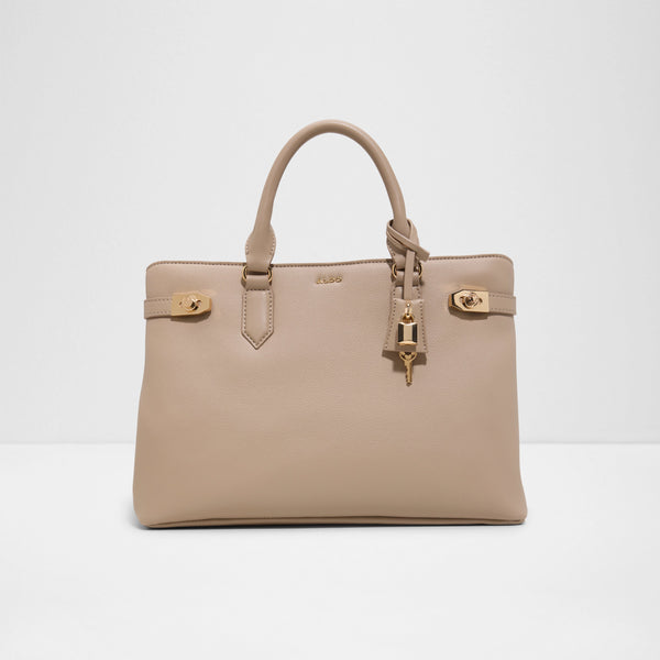 ALDO PH Hermynie beige structured tote bag featuring dual top handles, gold-tone hardware, side belt strap details, and a decorative gold padlock and key charm.