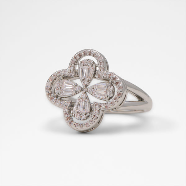 Aldo Iconsparkles silver-tone statement ring featuring a clover motif adorned with clear baguette and round stones on a split shank band.