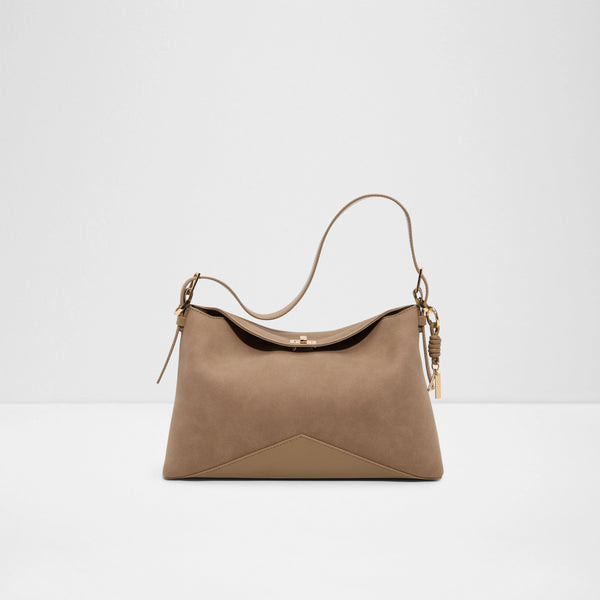 Aldo Jacq women's beige taupe faux-suede slouchy hobo shoulder bag featuring a smooth faux leather base overlay, top lock clasp, slender shoulder strap, and gold-tone charm detail.