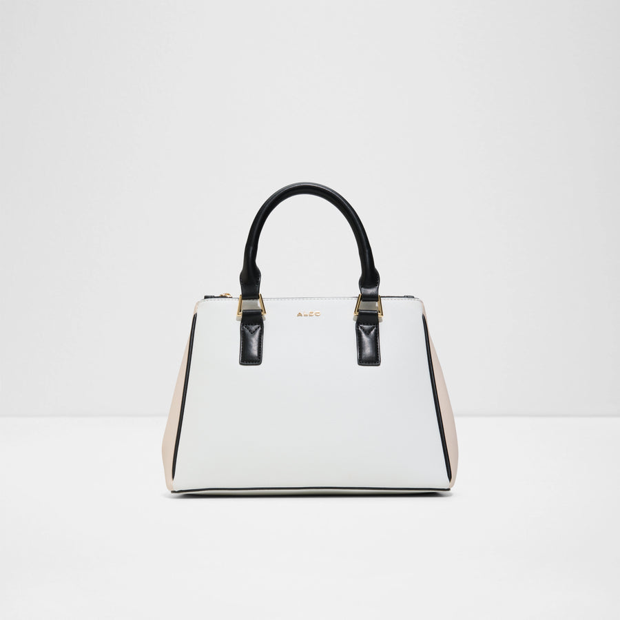 ALDO Javamaentar multi color-block handbag featuring a white textured crosshatch front panel, contrasting beige side gussets, black top handles and piping, gold-tone hardware accents, and a subtle gold ALDO logo, displayed against a light grey background.