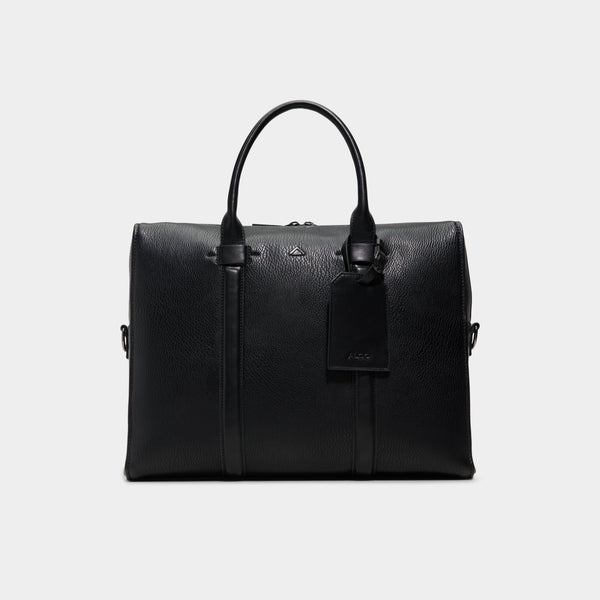 Black leather briefcase on a light gray background