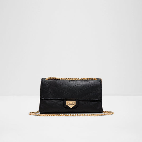 ALDO PH Mmelinda black quilted crossbody bag featuring a subtly shimmering textured finish, a sleek front flap with a distinctive gold-tone V-shaped clasp, and an elegant interwoven gold chain strap.