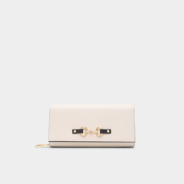 Beige wallet with a gold chain on a light gray background