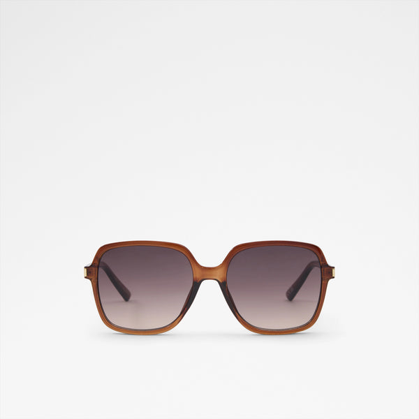 Aldo Paollaa-B women's translucent amber brown square sunglasses featuring a glossy translucent acetate frame, gold-tone temple accents, and brown gradient tint lenses.