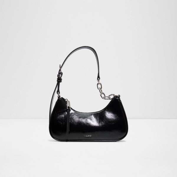 ALDO PH Veronikka black shoulder bag showcasing a curved hobo silhouette, a high-shine glossy finish, and an adjustable strap accented with chunky silver chain hardware.