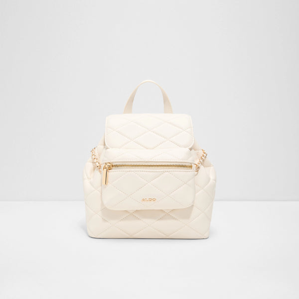 Aldo Vicktoria women's cream beige quilted faux leather backpack featuring a front zippered pocket, gold-tone hardware, a top grab handle, and woven chain shoulder straps.